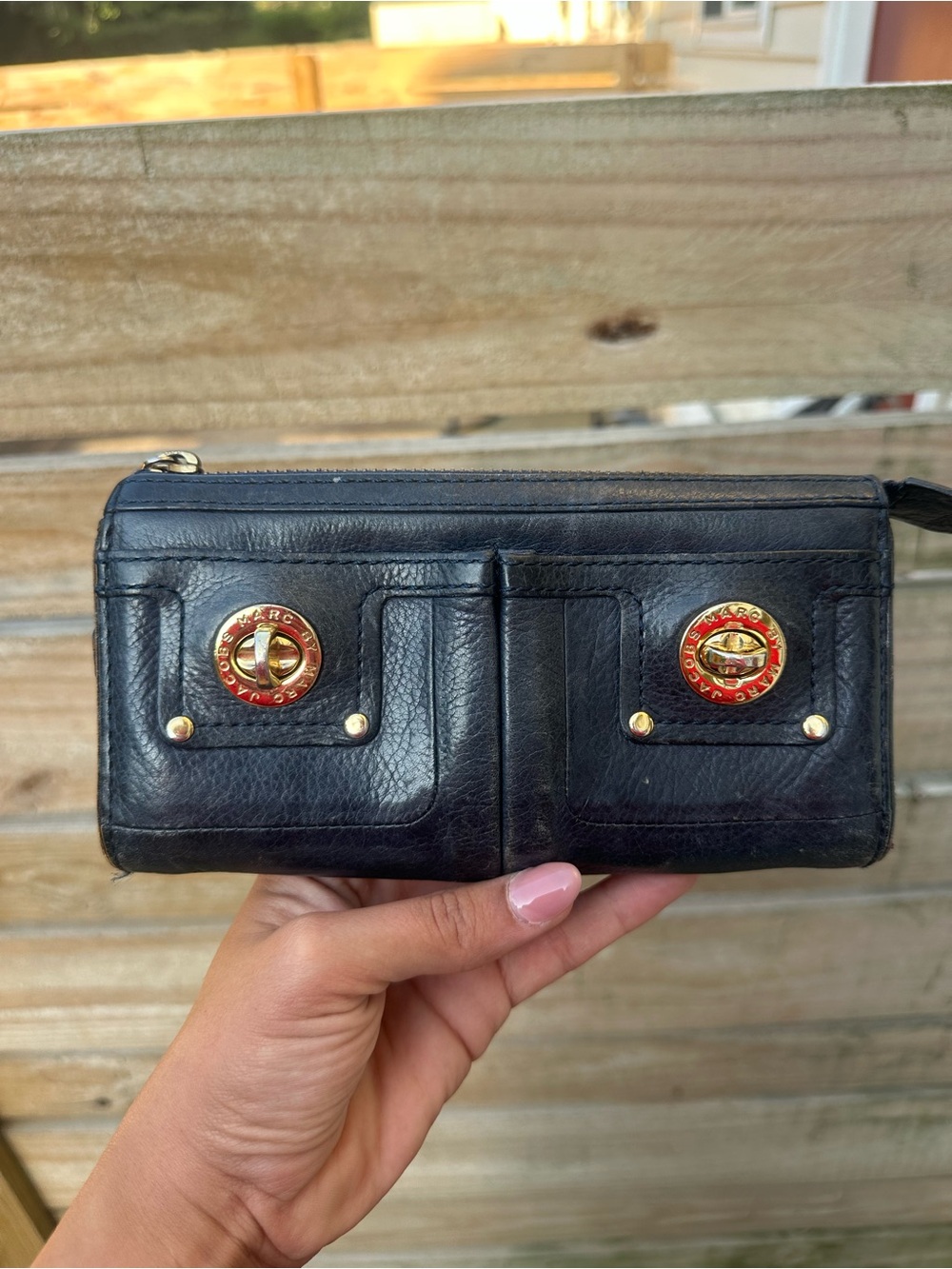 Marc Jacobs Black Leather Wallet with Red and Gold Turnlocks